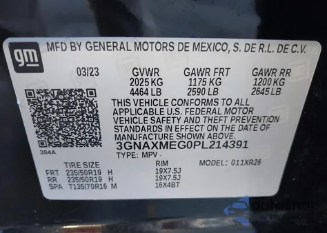 2023 Chevrolet Equinox Fwd Rs from USA, damaged, VIN 3GNAXMEG0PL214391